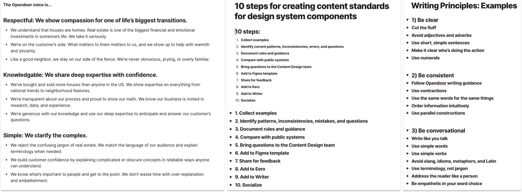Leading the content design team to create new documentation for product voice, system components, and product writing principles @ Opendoor